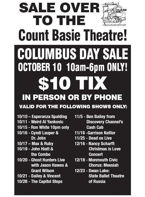 Columbus Day 10 Ticket Sale at the Count Basie Theater Elmore Magazine